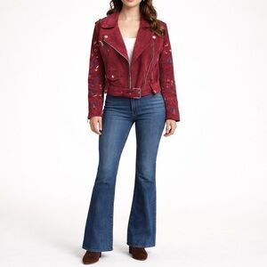 Driftwood Embroidered flower Suede Leather Moto‎ Jacket - Burgundy Sz. S